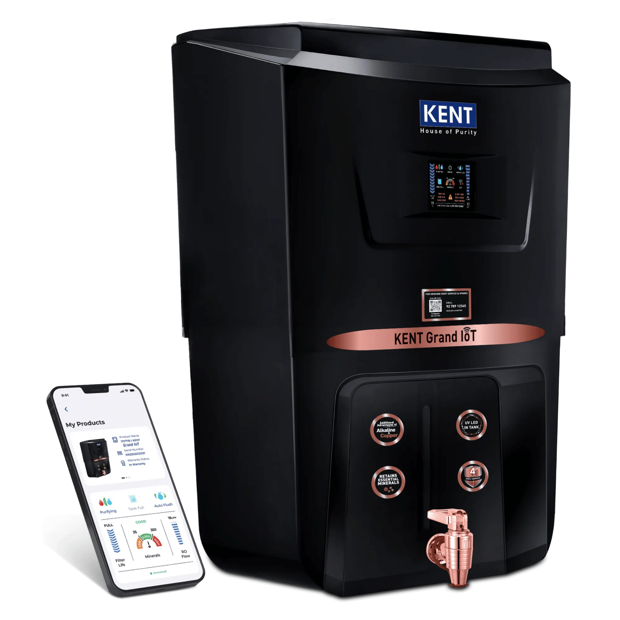 Kent grand iot ro uv uf tds cu alkaline water purifier 8 l black Front View Image