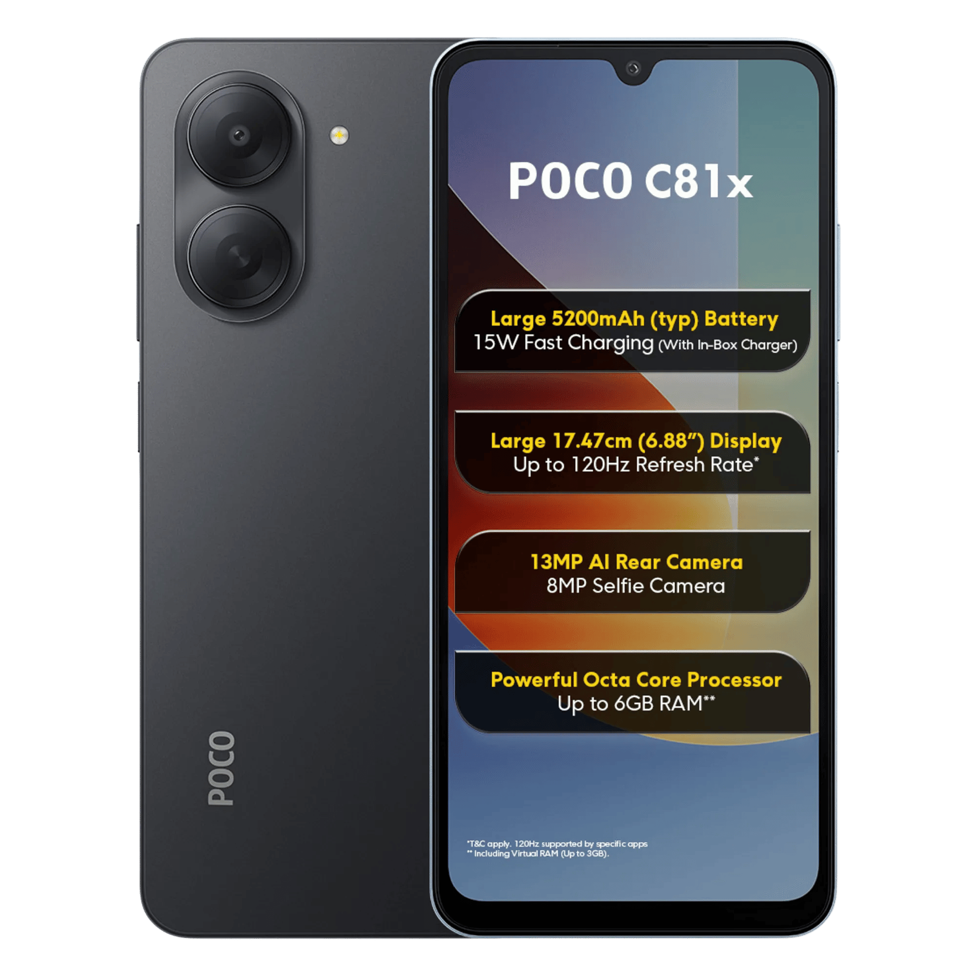 Poco c81x 5g crystal black 3gb 64gb Front Back View
