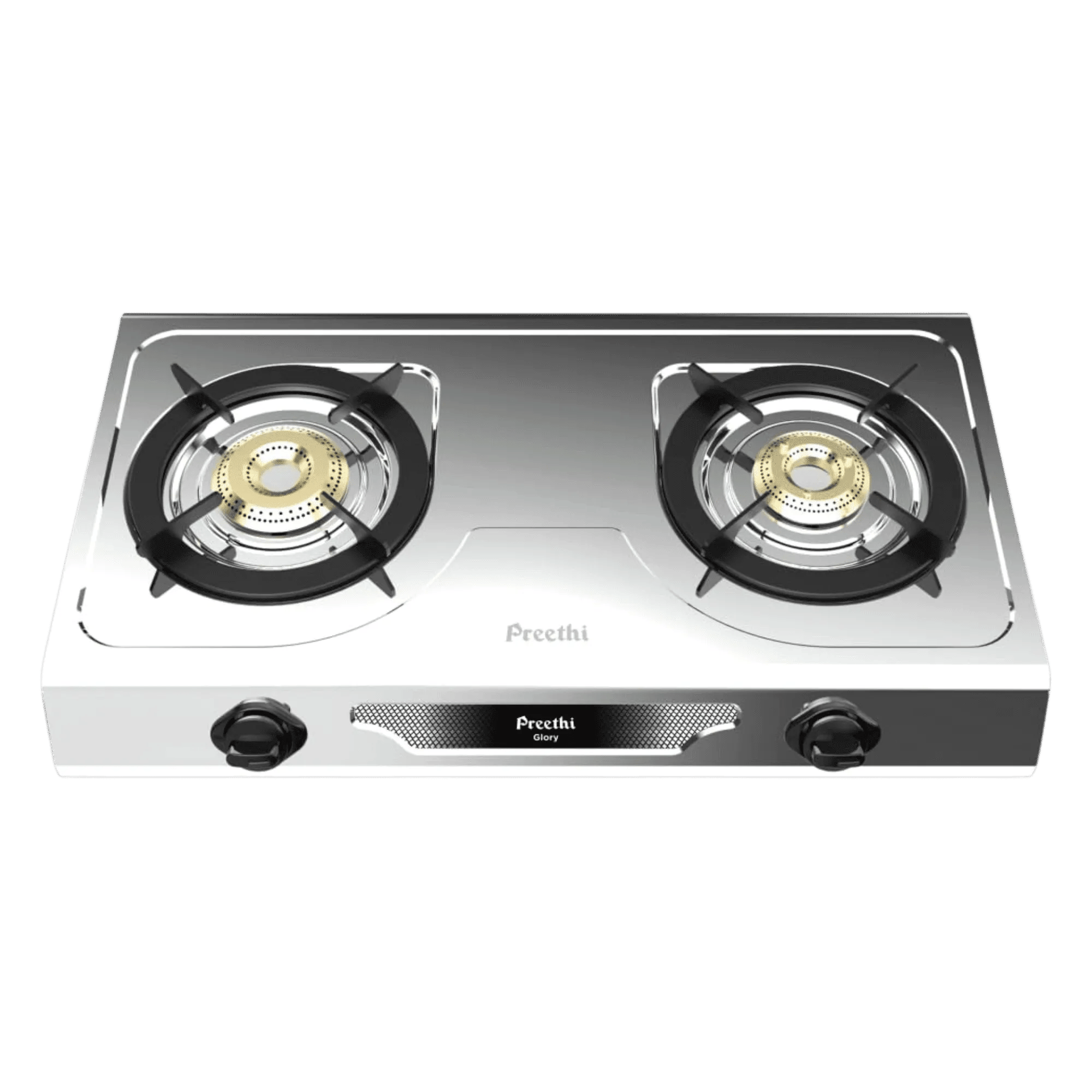 Preethi glory stainless steel 2 burner gas stove silver Front View