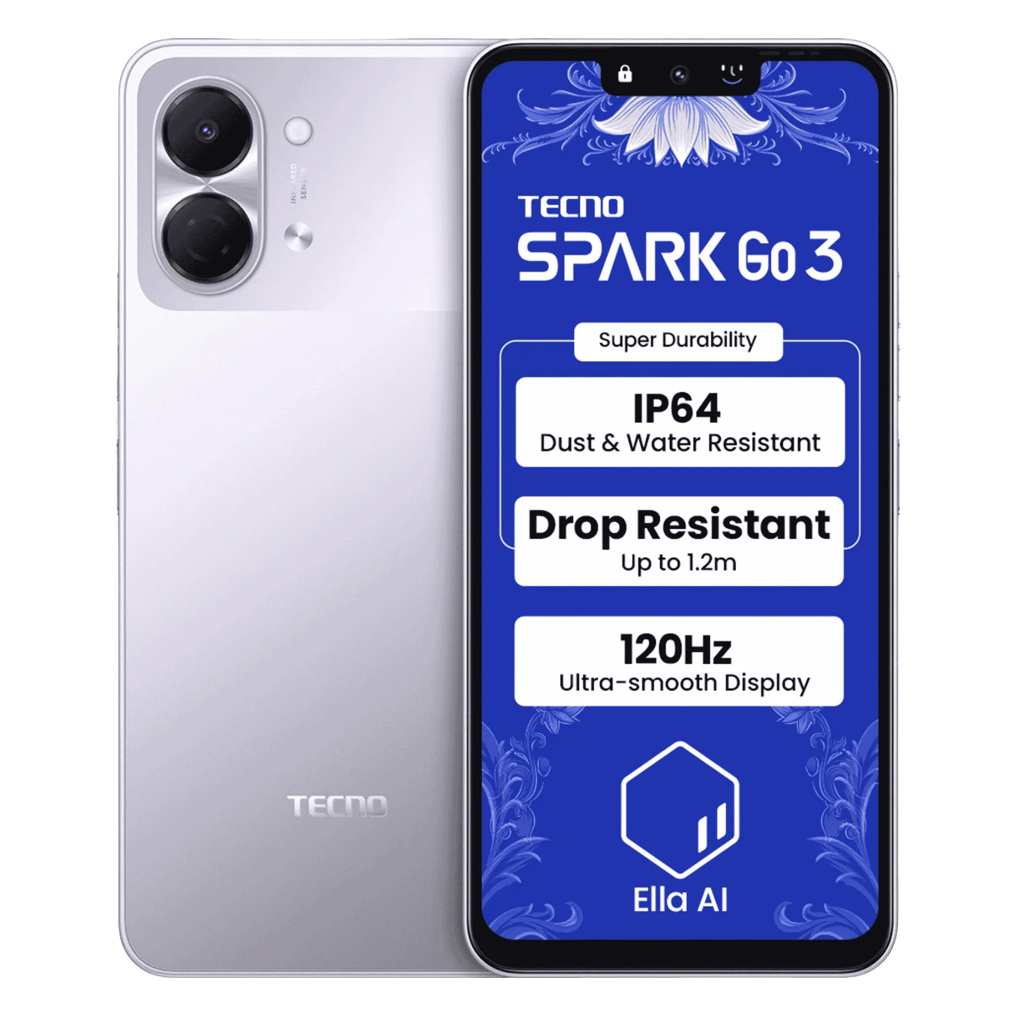 Tecno spark go 3 aurora purple 4gb 64gb Front Back View