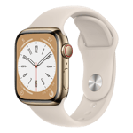 Apple Watch Series 8 GPS Cellular Gold Stainless Steel Case with Sport Band Starlight 45mm Side View