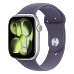 Apple watch series 11 gps aluminium case with purple fog sport band s m silver 46 mm Front Right View