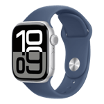 apple watch series 10 gps cellular silver aluminium case with sport band m l denim 42 mm mwx43hn a left view