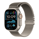 apple watch ultra 2 gps cellular titanium case with titanium milanese loop large natural 49mm mx5t3hn a left side view