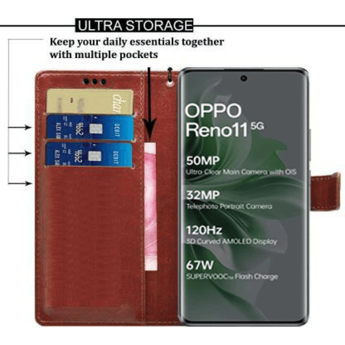 Custodia A Libro Con Portafoglio Per Oppo Reno 11 5G - Pelle PU Con Chiusura Magnetica E Supporto - Rossa - 2