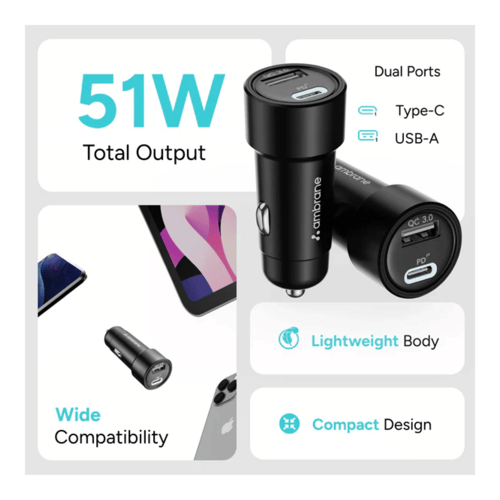Ambrane C51 PD QC+51W Car Charger Adapter Black Online