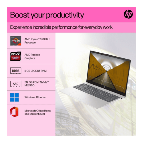 HP AMD Ryzen R3 7320U Home Laptop Natural Silver,8GB-512GB