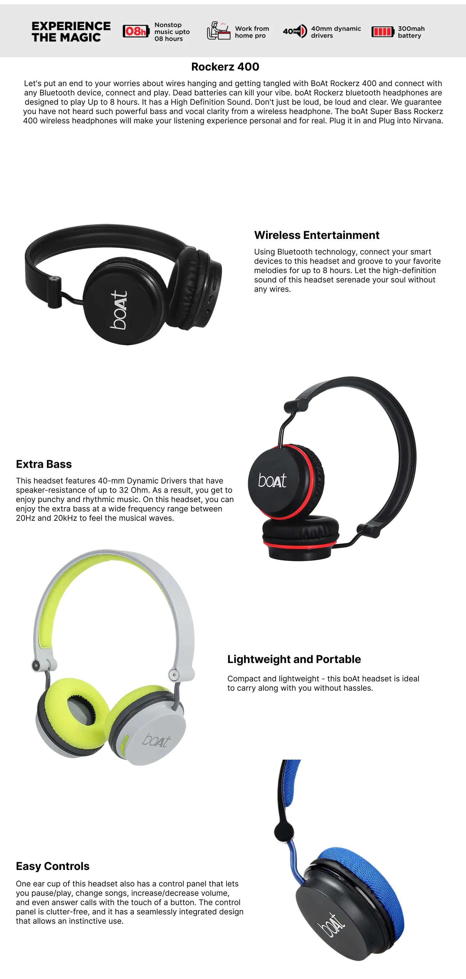 Extra Bass Boat 400 Stereo Earphones Boat Rockerz 400 Boom Headset