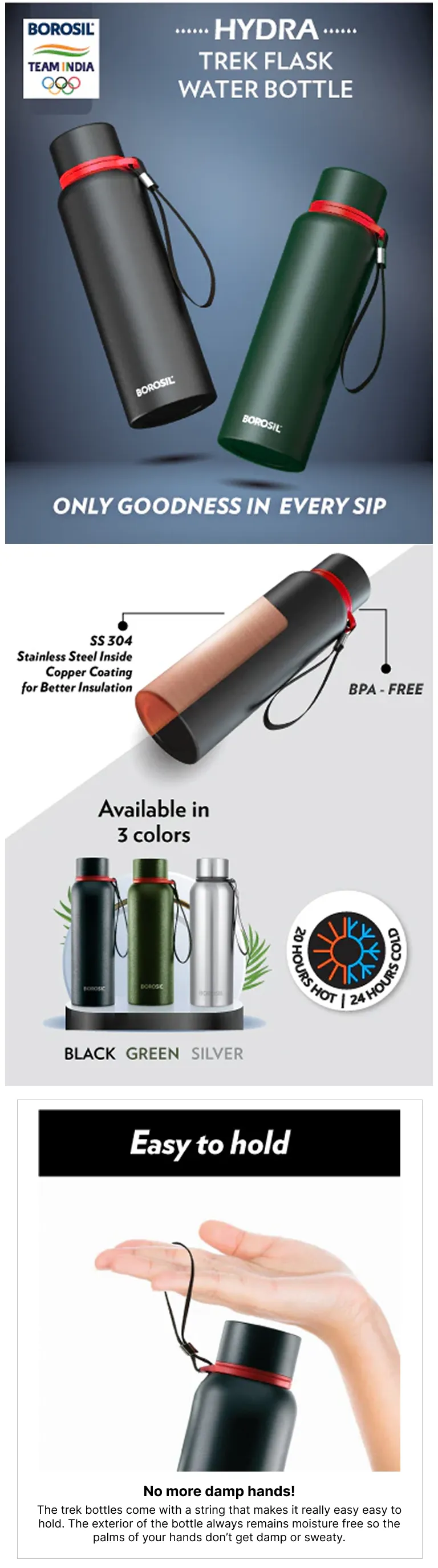 Borosil Trek Water Bottle 500 ml, Black at Poorvika