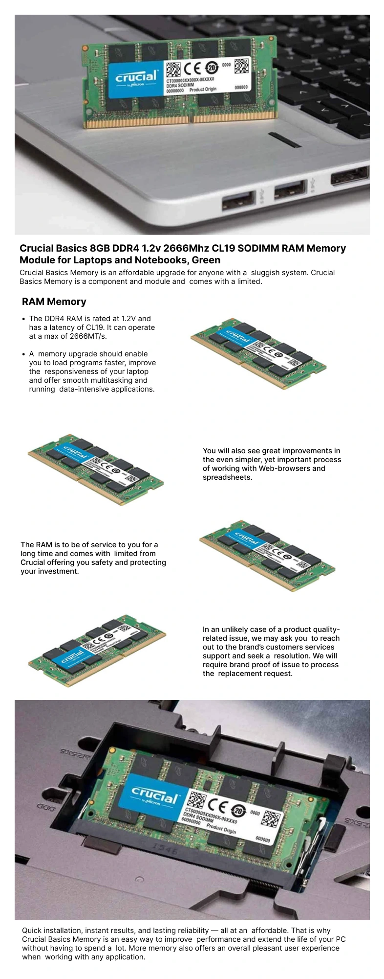 Crucial DDR4 2666Mhz SODIMM Single Laptop RAM (8GB, Black)
