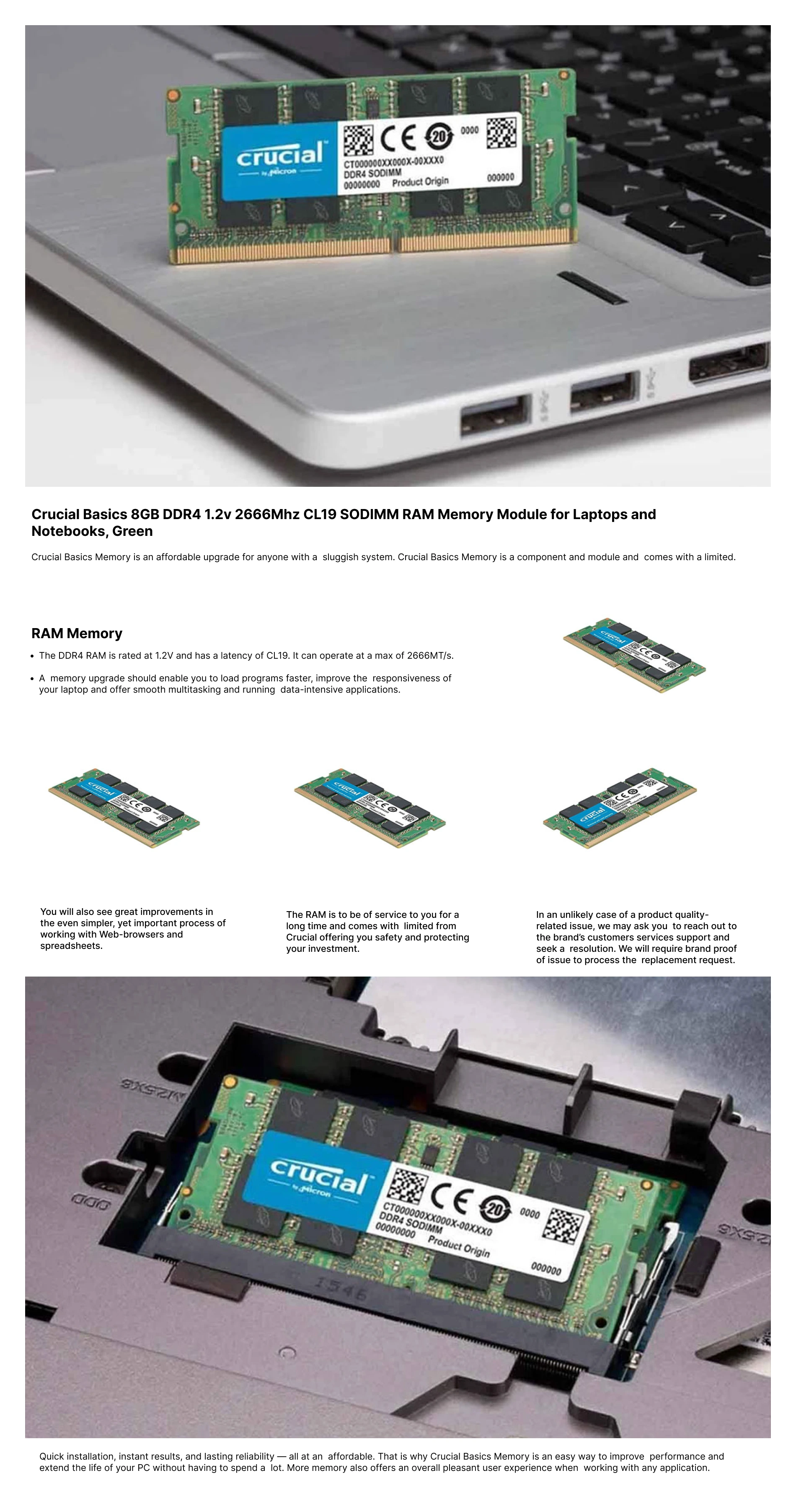 Crucial DDR4 2666Mhz SODIMM Single Laptop RAM (8GB, Black)