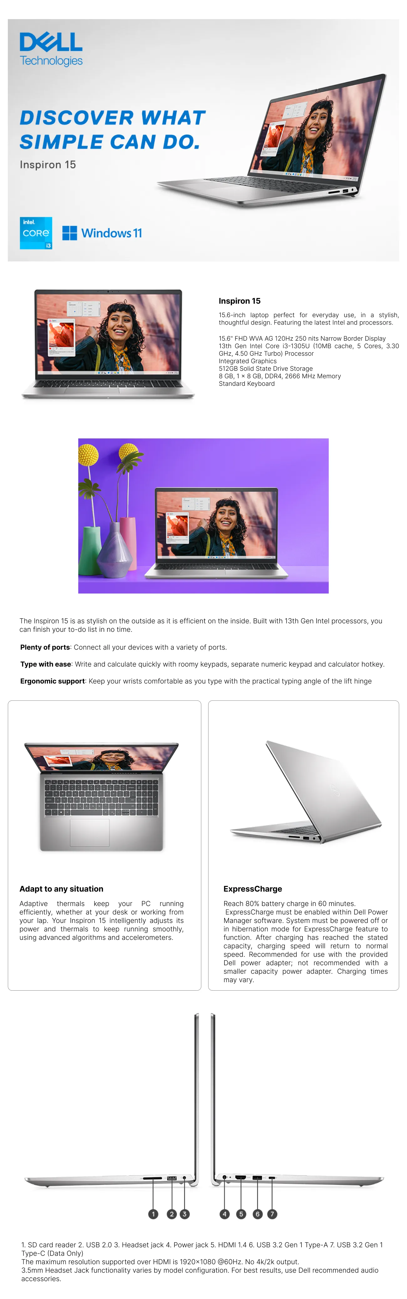 Dell Inspiron 3530 Intel Core i3 13th Gen Windows 11 Laptop OIN353010051RINB1MO desc 11zon