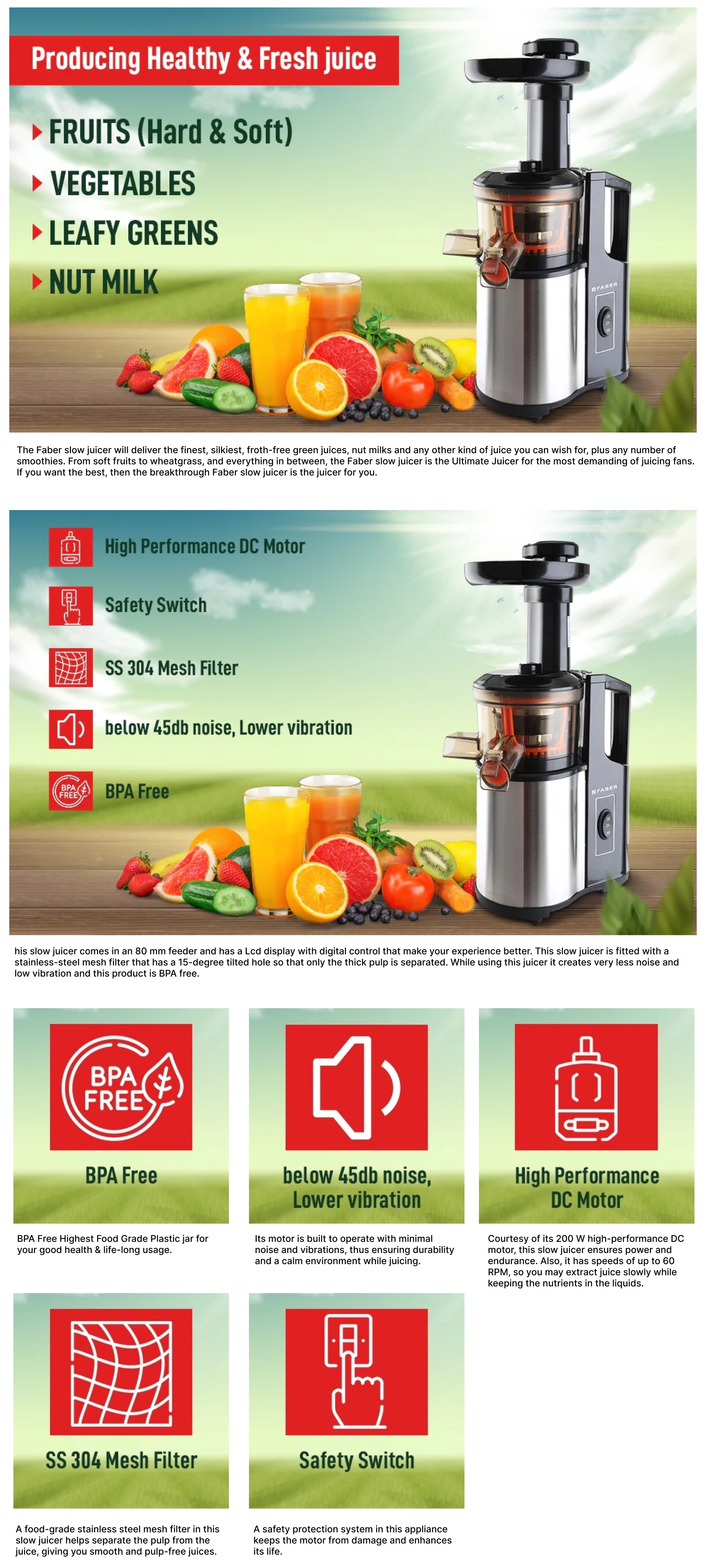 Faber Slow Juicer Stainless Steel FABER Slow Juicer 200 W Juicer