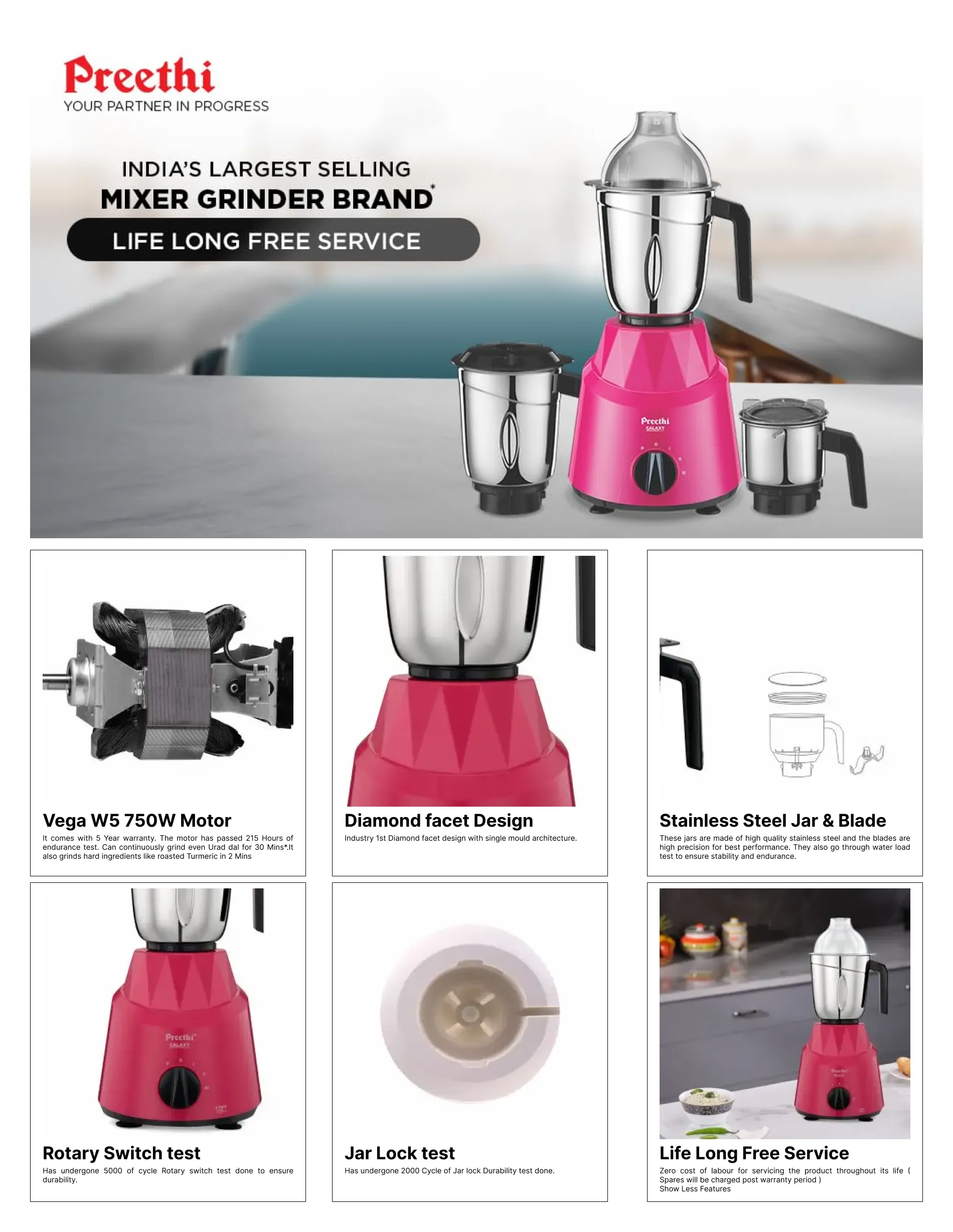 Buy Preethi Galaxy MG-225 mixer (3 Jars, Pink) at Poorvika