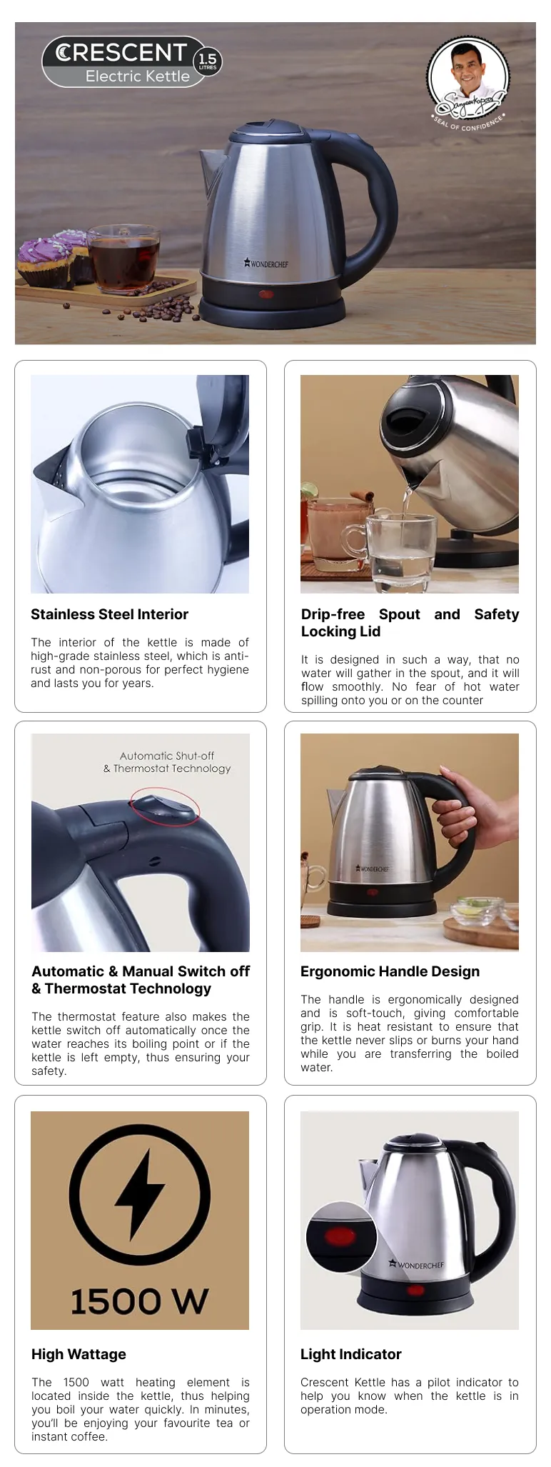 Buy Wonderchef L Crescent Electric Kettle at Poorvika