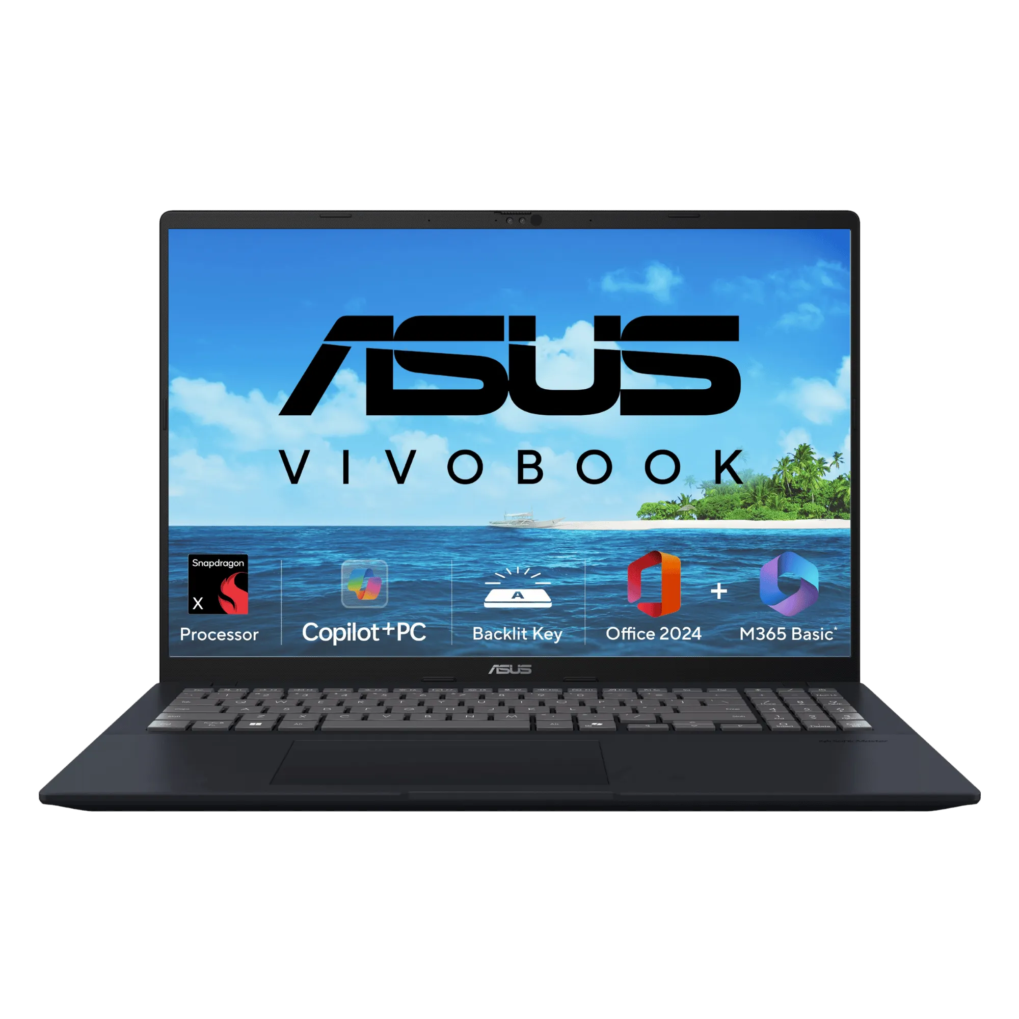 Asus vivobook 16 snapdragon x x1 26 100 windows 11 home laptop x1607qa mb049ws quiet blue 16gb 512gb Front View