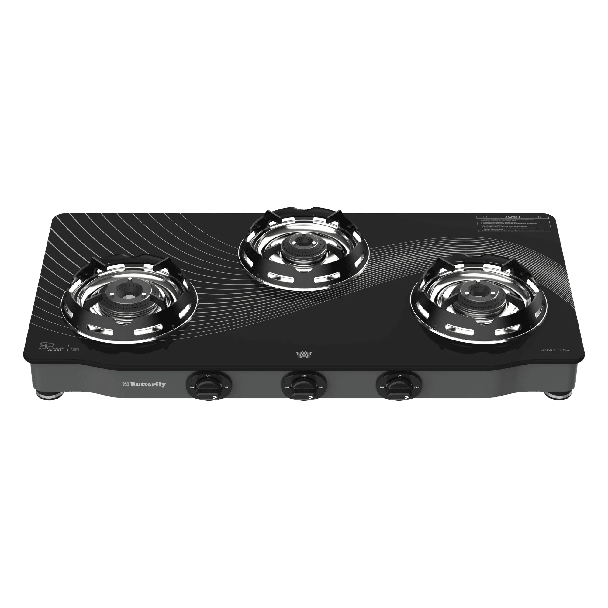 Butterfly renz glass top 3 burner gas stove black Front View