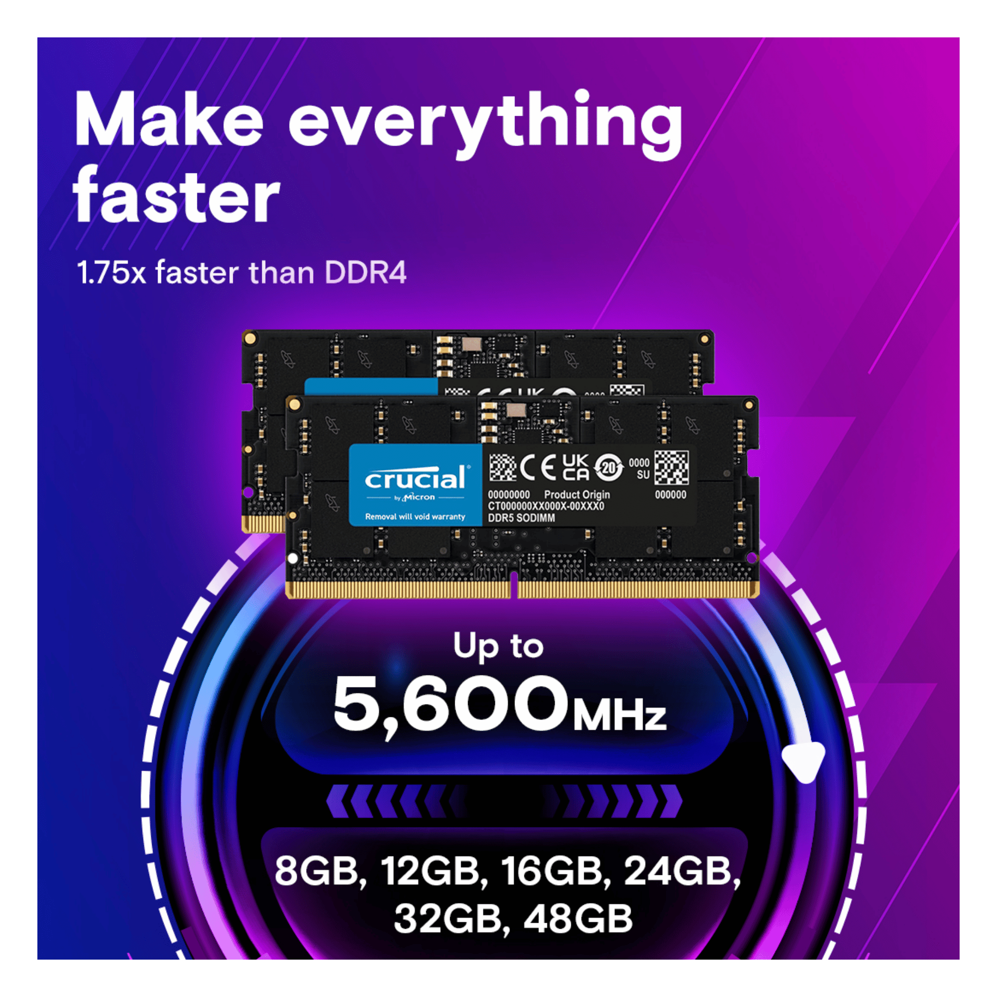 Crucial DDR5 4800Mhz SODIMM Single Laptop RAM (16GB, Black)