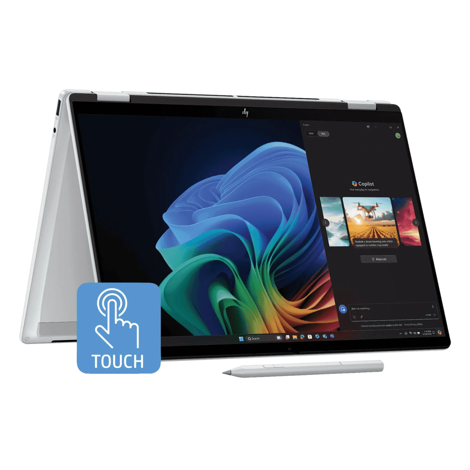 HP omnibook x flip intel core ultra 5 next gen ai windows 11 home laptop 14 fm0099tu meteor silver 16gb 1tb Front Fold View