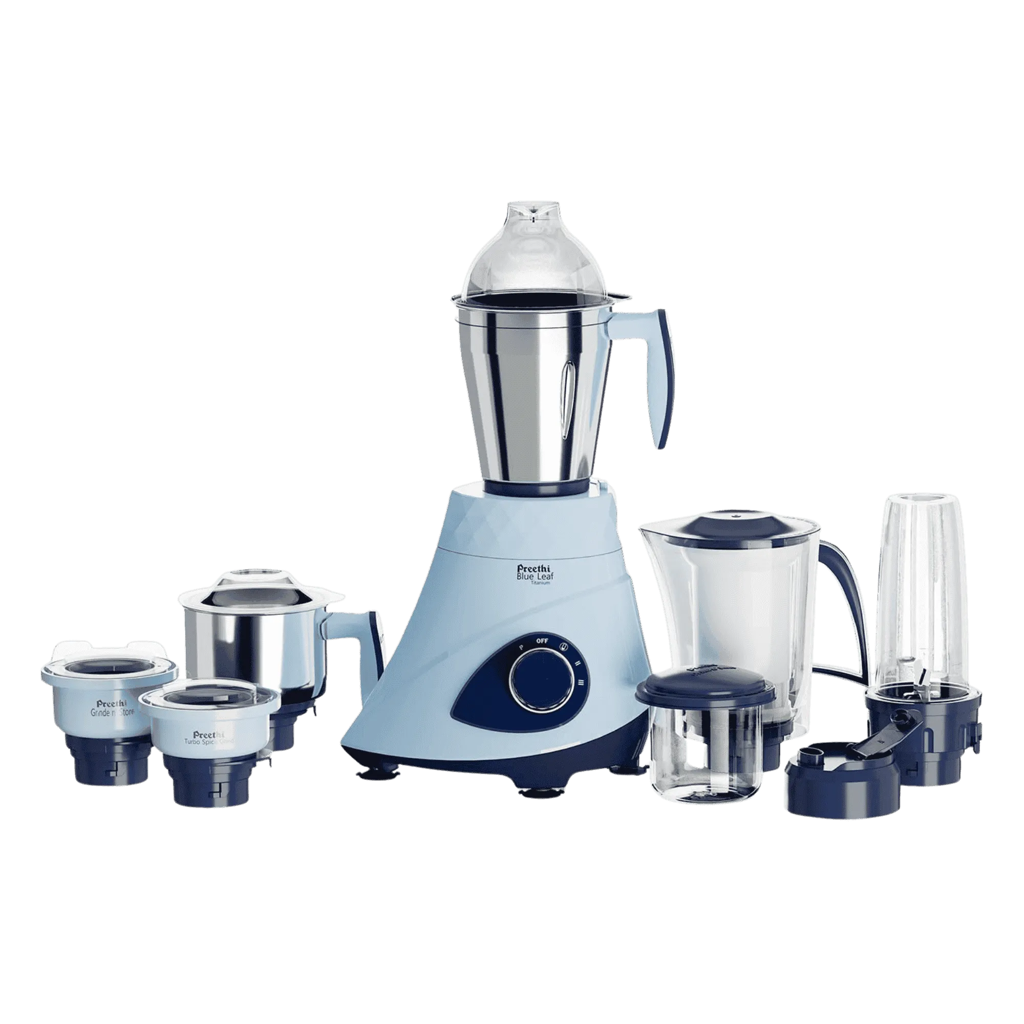 Preethi blue leaf titanium mg 281 230v mixer grinder 7 jars blue Front View