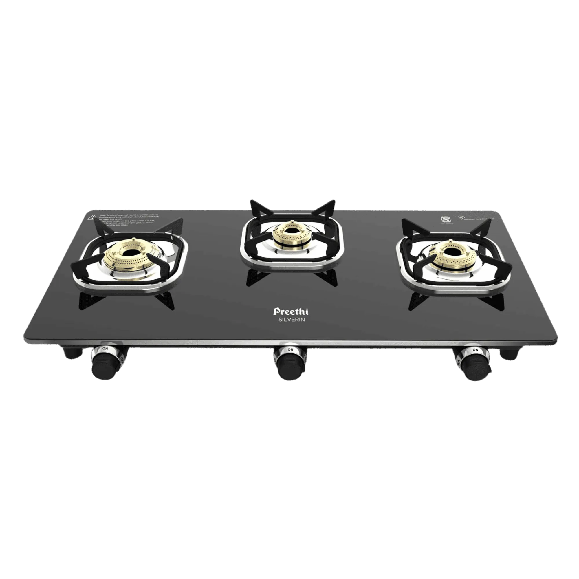 Preethi silverin glass top 3 burner gas stove black Full View