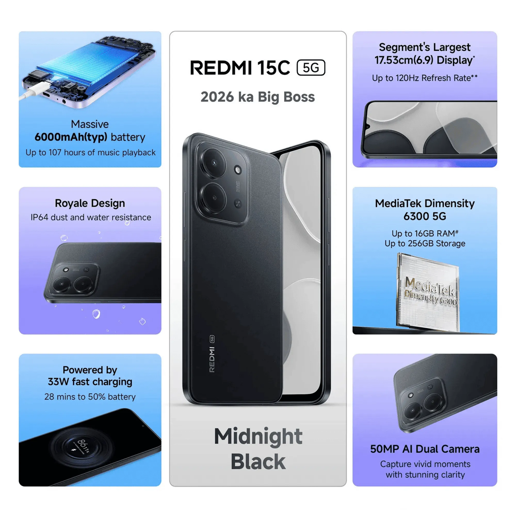 Buy Redmi 15C 5G Midnight Black (6GB-128GB) @ Best Discounts