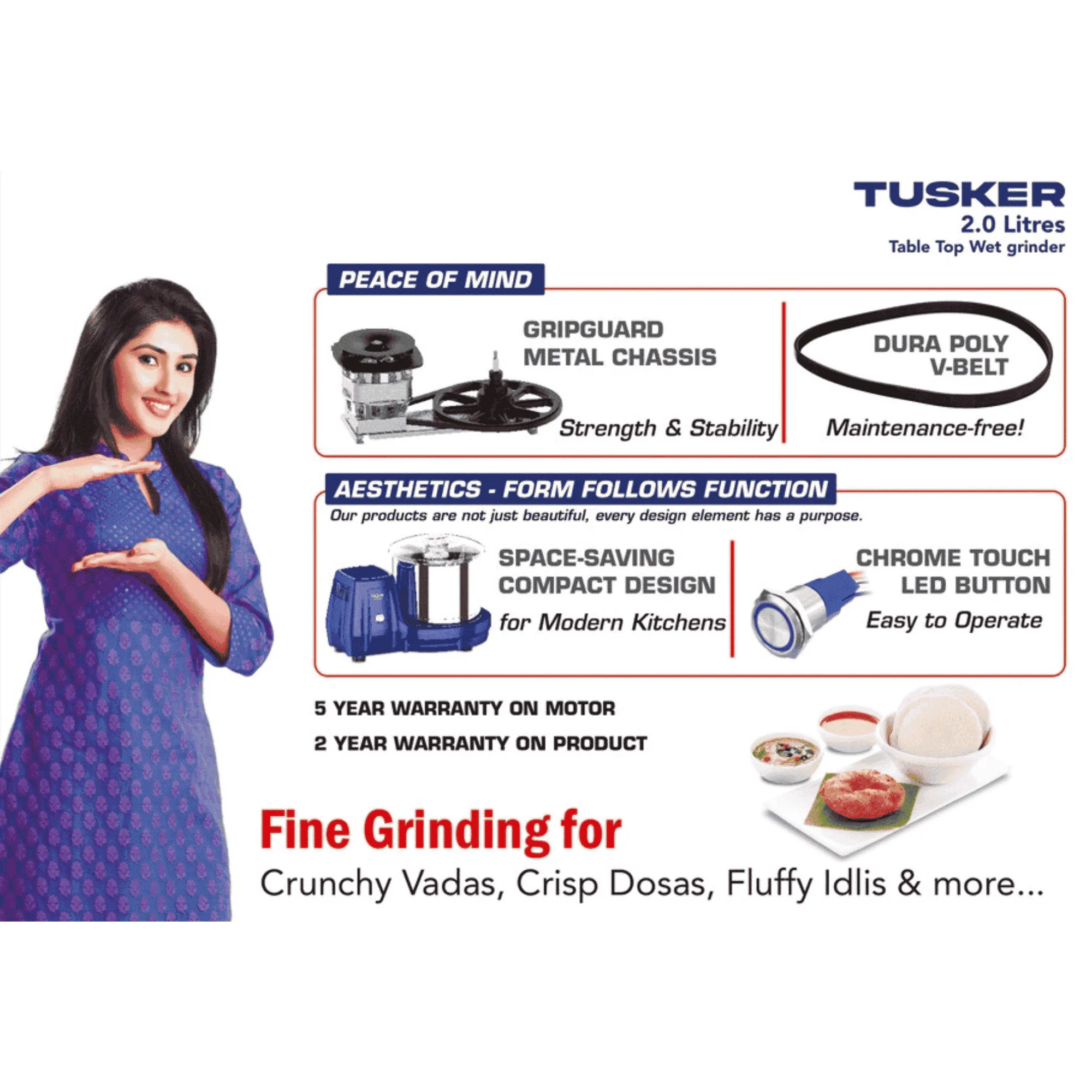 Vidiem tusker table top wet grinder fg wg0091 aa 2 litre blue Spec 2