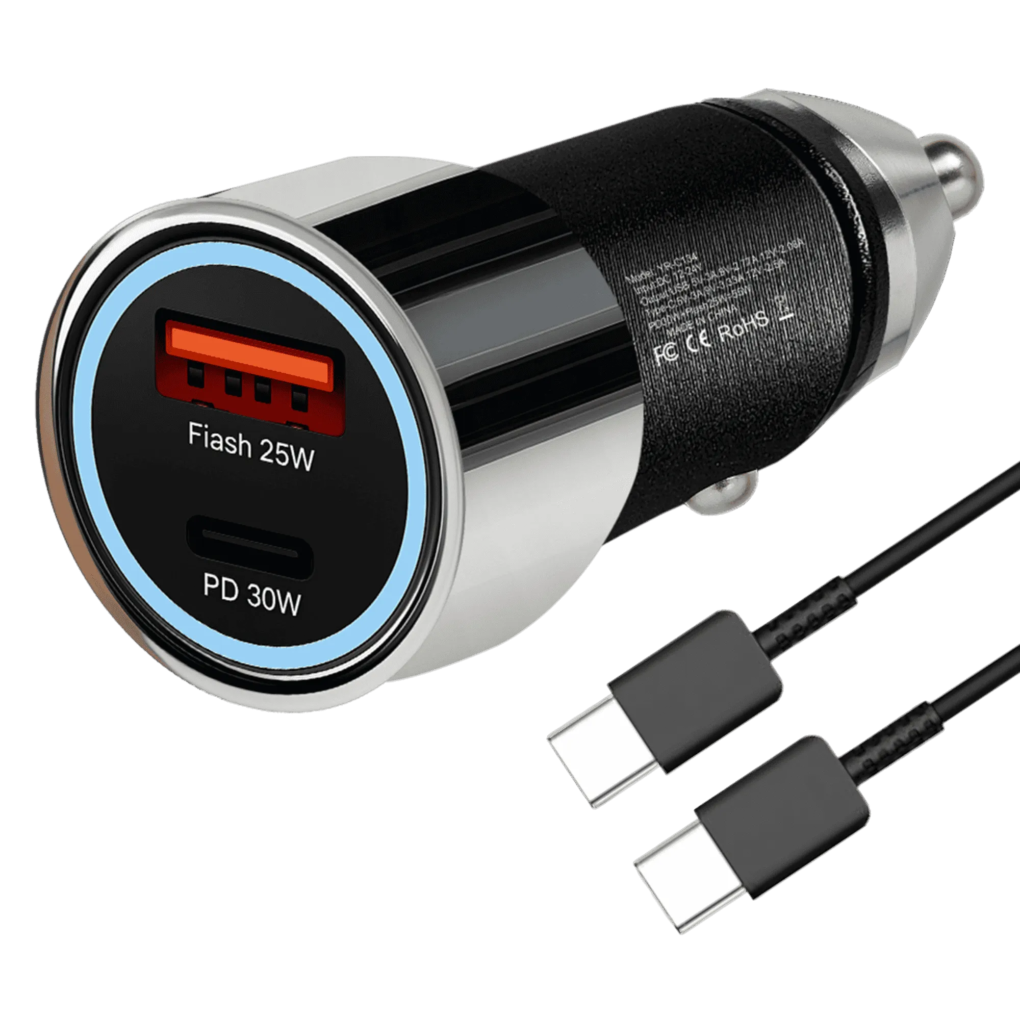 Yarr 55w qc pd rapid plus fast car charger with 65w type c to type c cable black Full View