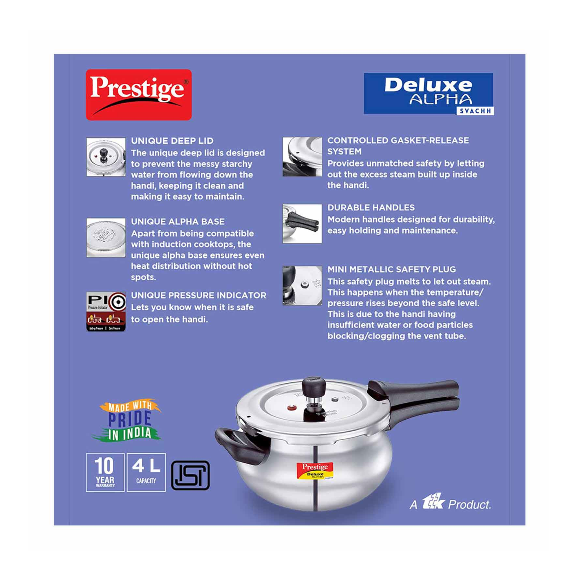 Prestige 4L Alpha Deluxe Induction Base Stainless Steel Pressure Cooker 4.0-liter